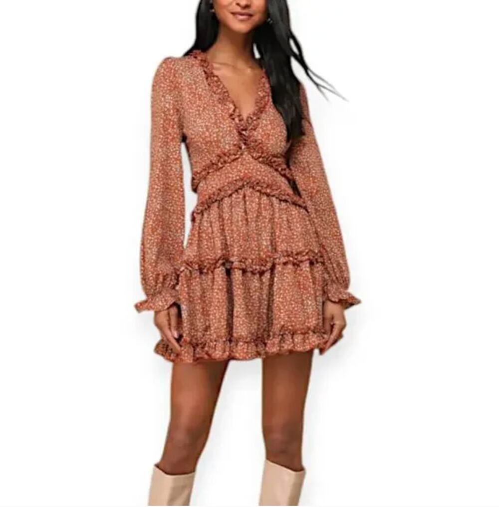 NWT Lulus Admire You Burnt Orange Floral Print Ruffled Long Sleeve Mini Dress M